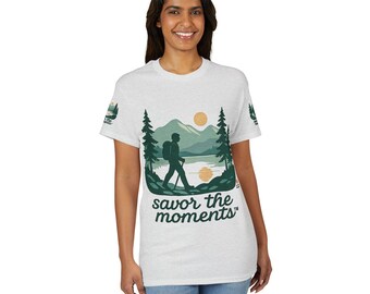 Hiker Mountain Scene Tee • Sunlit Lake Silhouette • Conifer Forest Graphic Shirt • Outdoor Nature Top