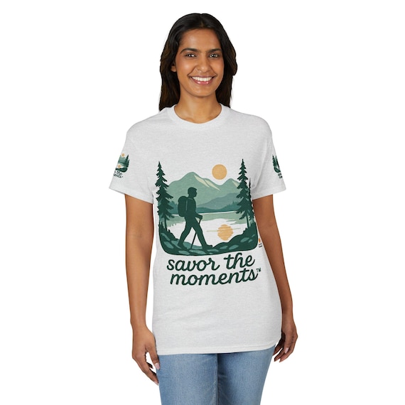 Savor the Moments hiking scene T-Shirt | mountain lake silhouette