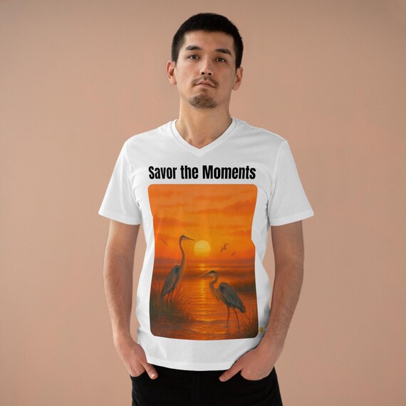 Herons, Men's Relaxed V-neck T-Shirt, Savor the Moments Graphic Tee, Sunset, Nature gift, Casual Wear