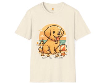 Beach Vibes Dog T‑Shirt • Savor the Moments™ Unisex Softstyle Tee • Coastal Cartoon Graphic with Seashells & Beach Ball