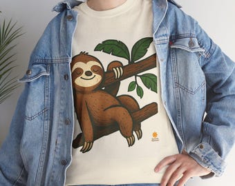 Adorable Sloth T‑Shirt • Smiling Sloth on Branch Illustration • Cute Jungle Animal Graphic Tee