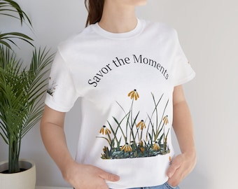 Nature‑Inspired Savor the Moments™ Tee • Positive Vibes Cotton T‑Shirt • Orange Daisies & Wildflower Artwork • Soft Everyday Casual Wear