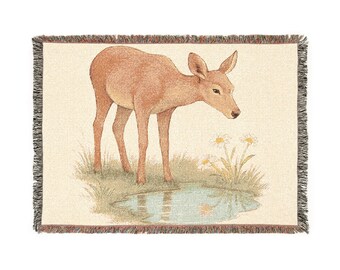 Deer by Pond Woven Blanket | Rustic Woodland Animal Throw