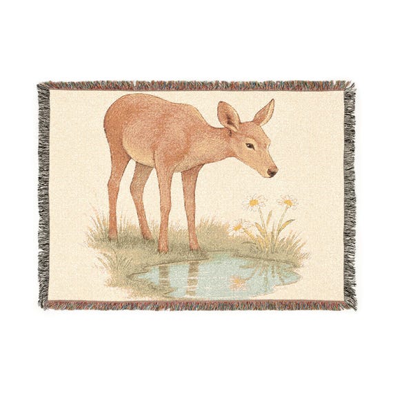 Deer by Pond Woven Blanket | Rustic Woodland Animal Throw