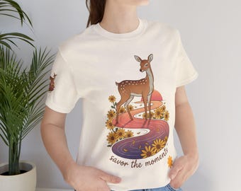 Deer T‑shirt, retro sunset, wildflower design, nature lover gift tee, stream detail, woodland graphic, peaceful outdoor vibes