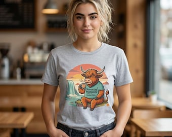 Highland Cow Coffee T-Shirt | Scottish Yak Sunset Waterfall Illustration