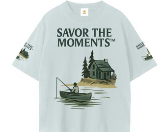 Boat, Lake life, Evergreen trees, Cabin, Island, Fishing, Fishing Pole, Vacation, Unisex Seamless T-Shirt
