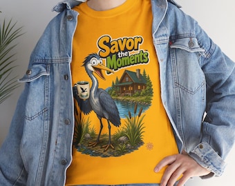 Heron Coffee Tee | Lake Cabin Nature Scene, Animal Graphic, Marsh