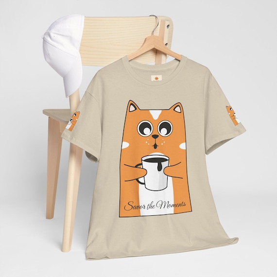 Cute Cat, Coffee Tee, Unisex Heavy Cotton Tee, Perfect Gift for Cat Lovers, Coffee Lovers Gift, Fun Daily Wear, Adorable Pet T-Shirt