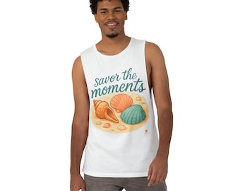 Seashell Beach Tank • Unisex Savor the Moments™ Graphic Tee • Summer Casual Wear • Coastal Vacation Outfit for Ocean & Sea Fans