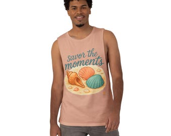 Seashell Beach Tank • Unisex Savor the Moments™ Graphic Tee • Summer Casual Wear • Coastal Vacation Outfit for Ocean & Sea Fans