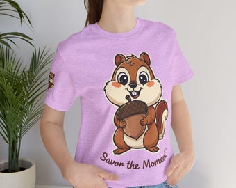 Chipmunk acorn tee, animal lovers, outdoor nature vibes, unisex, crewneck T‑shirt. Whimsical goofy graphic