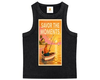 Snow washed tank top, relaxed lake vibe, fishing pole and boat artwork, seagulls, cozy cabin feel, and a peaceful savor the moments sunset.