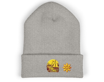 Sailboat & Sunflower Embroidery Beanie | Nautical Sailing Outline, Yellow Floral Cuff Hat, coastal style, gifting