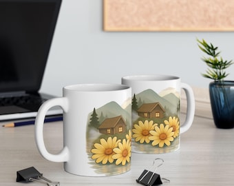 Yellow Daisies, Woodland Cabin Ceramic Mug – Rustic Sunflower Design