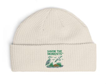 Coastal Bird Embroidery Cuff Beanie • Herons & Seagulls Nature Illustration • Savor the Moments™ Outdoor Floral Design • Cozy Coastal Wear