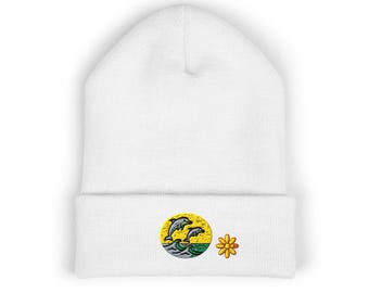 Dolphins Knit Beanie • Cute Coastal Embroidered Hat • Warm Cuffed Winter Cap