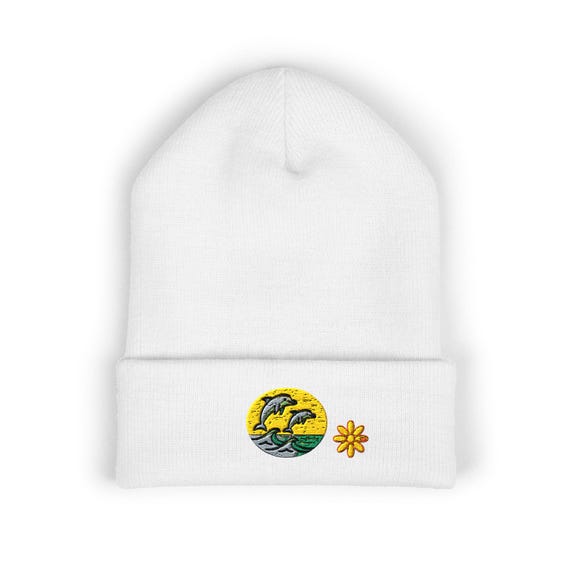 Dolphins Knit Beanie • Cute Coastal Embroidered Hat • Warm Cuffed Winter Cap