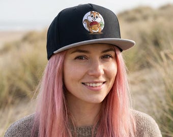 Embroidered Squirrel Acorn Flat Bill Cap | Vintage Cotton Twill Snapback Hat