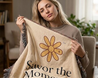 Retro Daisy Woven Blanket | Boho Flower Throw, Fringe Edge, Savor the Moments TM Logo