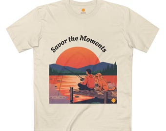 Fishing Pier Sunset Shirt, Dog on Dock Lake Life Tee, Nature Lovers Fishing Graphic T- Shirt, Savor the Moments TM Outdoor Gift