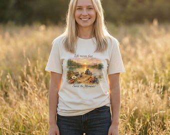 Life Moves Fast T-Shirt | Lake Sunset Fishing Scene, Uplifting Quote Tee