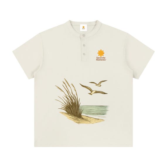 Shirt, Ocean, Sea Oats, Sea Gulls, Short Sleeve Henley Shirt