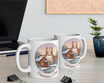 Valentine's Cabin Scene Coffee Mug, Cozy Winter Deer Silhouette Mug, Romantic Nature Lover Graphic