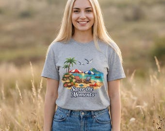 Beach Scene T-Shirt | Tropical Island, Palm Trees, Seagulls, Summer Vacation Tee