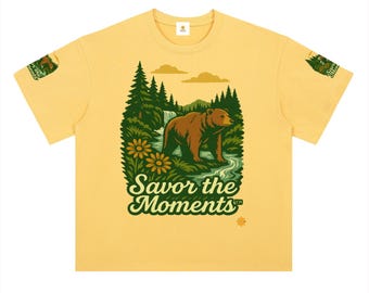 Bear T‑shirt, mountain vibe, woodland, nature scene, daisies, waterfall accents, drop shoulder, cotton tee, outdoor lovers