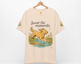 Stream Dog Illustration Tee • Running Golden Retriever Shirt • Nature Scene Graphic • Outdoor Adventure Dog Lover T‑Shirt