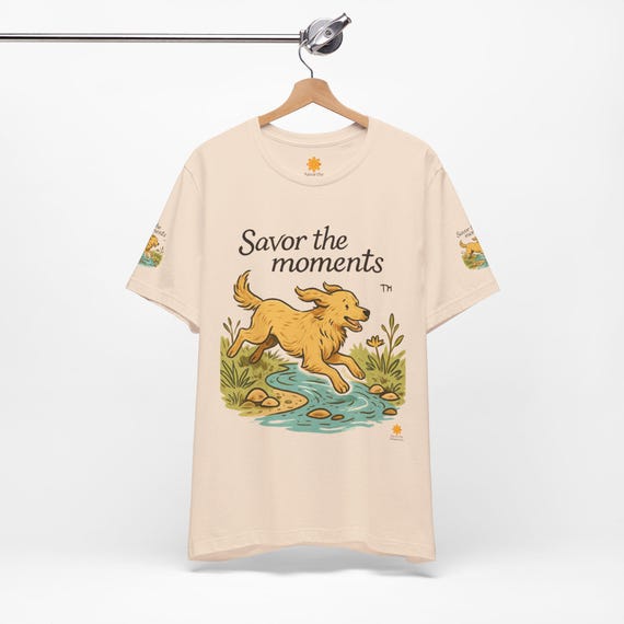 Savor the Moments Dog Illustration Tee | Running Golden Retriever, Nature Scene