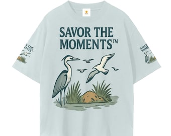 Seagulls, Heron, Coastal Graphic Tee • Unisex Cotton Wellness Shirt, Savor the Moments™ message and soft daisies, peaceful nature vibe.