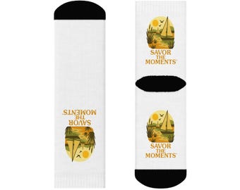 Sailboat Sunset Crew Socks • Nautical Vacation Illustration • Savor the Moments Coastal Gift