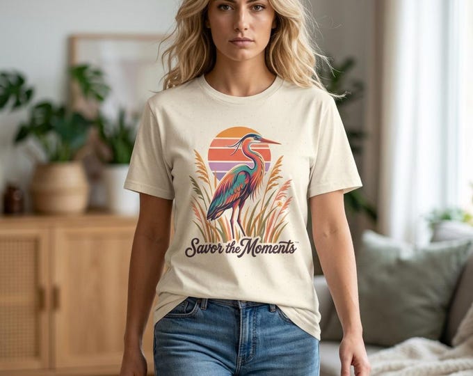 Featured listing image: Retro Heron Sunset T-Shirt | Colorful Bird Illustration, 'Savor the Moment'