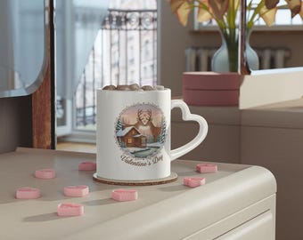 Valentine's Cabin Scene Coffee Mug, Cozy Winter Deer Silhouette Mug, Romantic Nature Lover Graphic