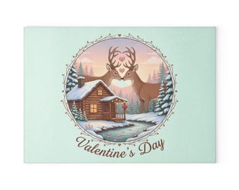 Valentine's Day Glass Cutting Board, Woodland Deer Cabin, Kitchen Decor, Romantic Valentine's Cabin Scene, Savor the Moments TM