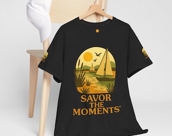 Sailboat Sunset Savor the Moments T‑Shirt with coastal vibe, sunlit bay, soaring birds, and sailing graphic tee design for ocean lovers.