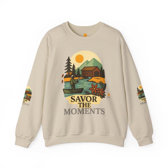 Fishing, Covered Bridge, Nature-Inspired Sweatshirt: "Savor the Moments" Cozy Hiking Apparel, autumn colors