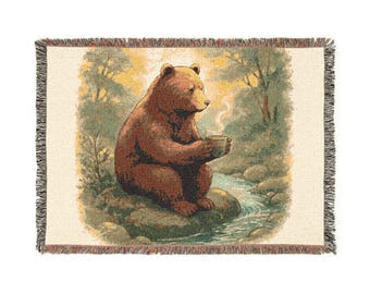 Rustic Forest Bear Holding Coffee Mug Woven Throw Blanket • Cozy Lodge Cabin Decor • Nature‑Inspired Animal Tapestry Gift