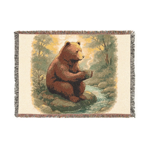 Bear Drinking Coffee Woven Blanket | Woodland Cabin Throw, Cozy Animal Tapestry