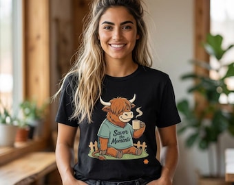 Highland Cow Drinking Coffee T-Shirt | Save the Moments Tee