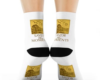 Coastal Beach Vibe Crew Socks, Savor the Moments Artwork, Vintage Travel Illustration
