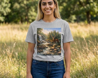Deer by Mountain Stream T-Shirt | Rustic Cabin Nature Scene, Waterfall & Canoe