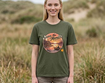 Lakeside Sunset Cabin Graphic, Savor the Moments T-Shirt
