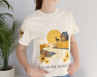 Savor The Moments scenic nature tee | Deer cabin river sunset T-Shirt