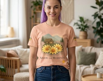 Cabin Daisy Flowers T‑Shirt • Cottagecore Mountain Tee • Nature Lover Gift for Her • Savor the Moments Quote Shirt