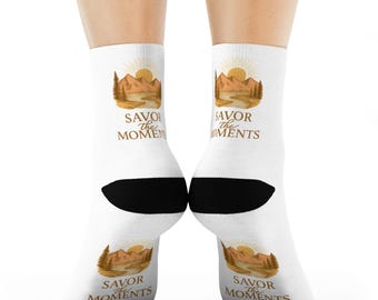 Sunset Landscape Crew Socks • Cozy Nature Motif • Outdoorsy Gift • Cottagecore Scenic Pattern Socks