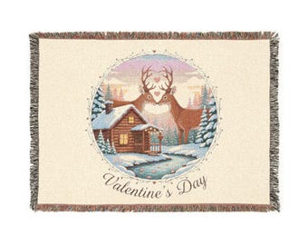 Valentine's Day Woven Blanket, Romantic Rustic Cabin with deer | Cozy Lodge Throw