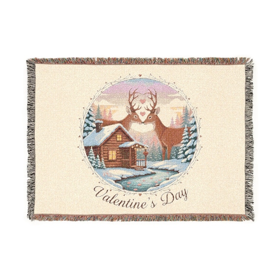 Valentine's Day Woven Blanket, Romantic Rustic Cabin with deer | Cozy Lodge Throw